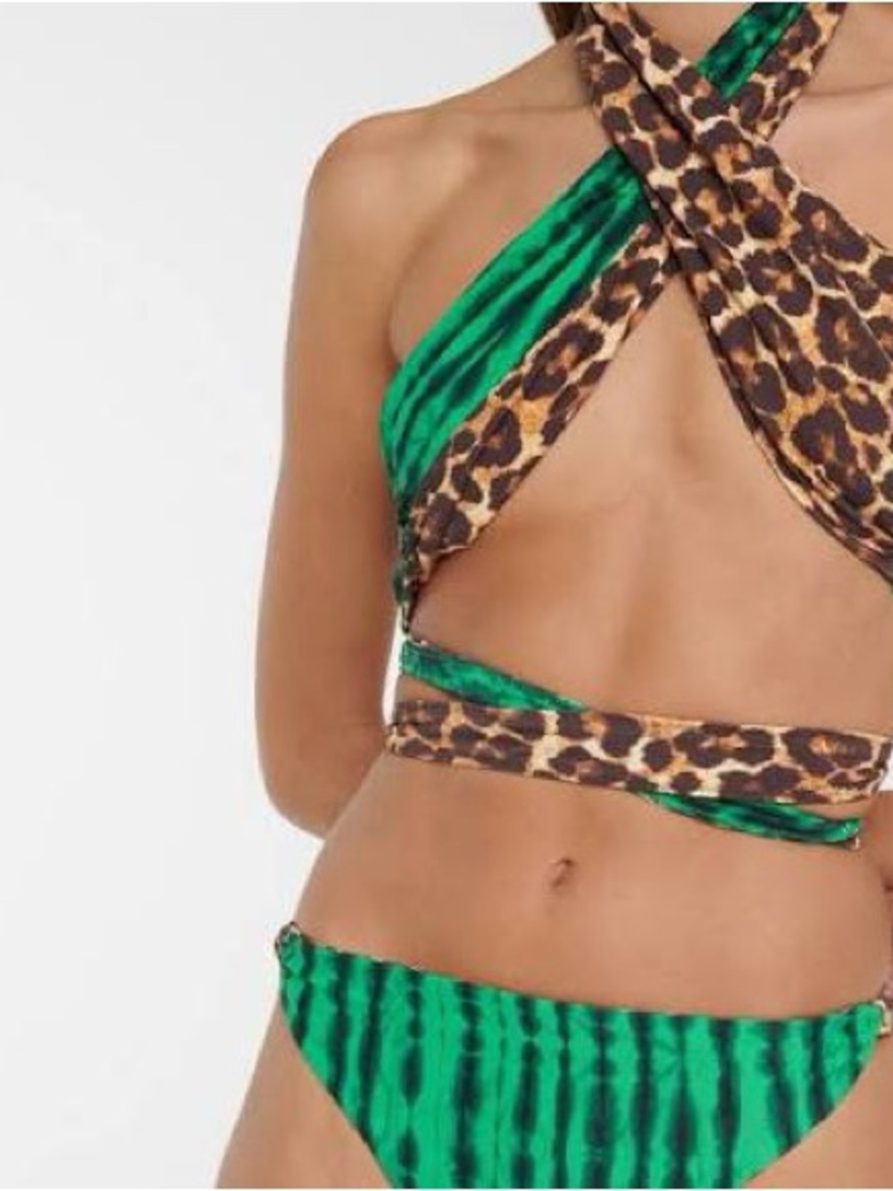 Tropic of C Wrap Reversible Bikini Swimsuit in Green Tie-Dye and Leopard
